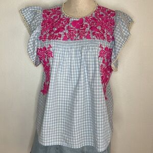 THML Embroidered Check Gingham Top Blouse